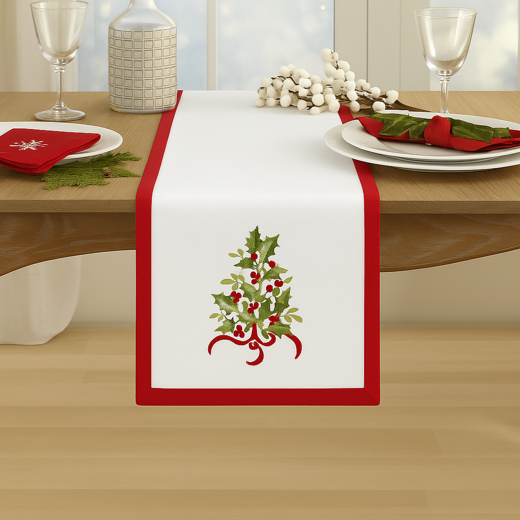 TBL0002 - Red White Embroidered Holly Tree Table Runner