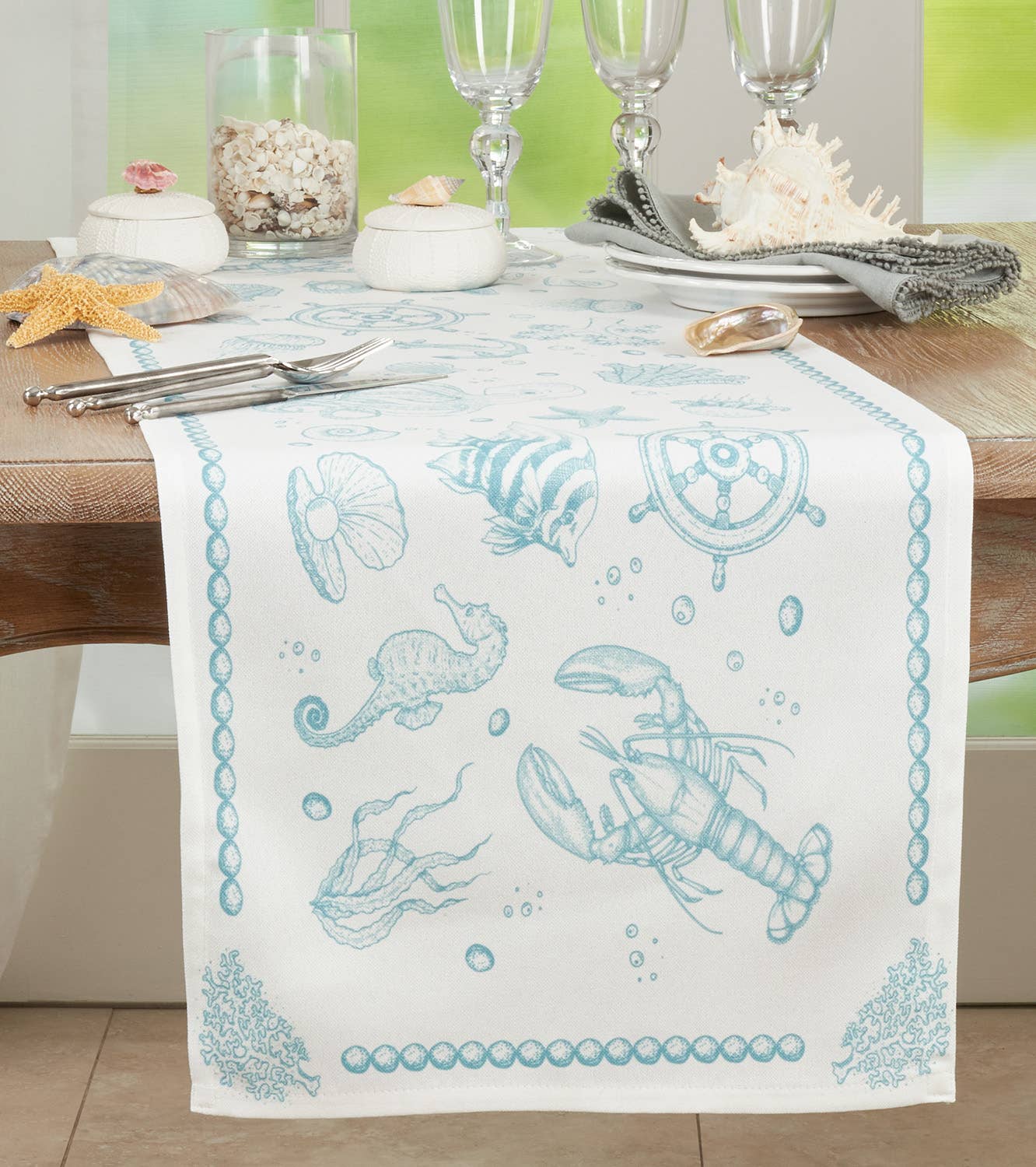 3905 - Aqua Nautical Sea Life 16"x72" Table Runner