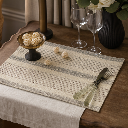 1024 - Striped Woven Cotton 14"x20" Ivory Placemat