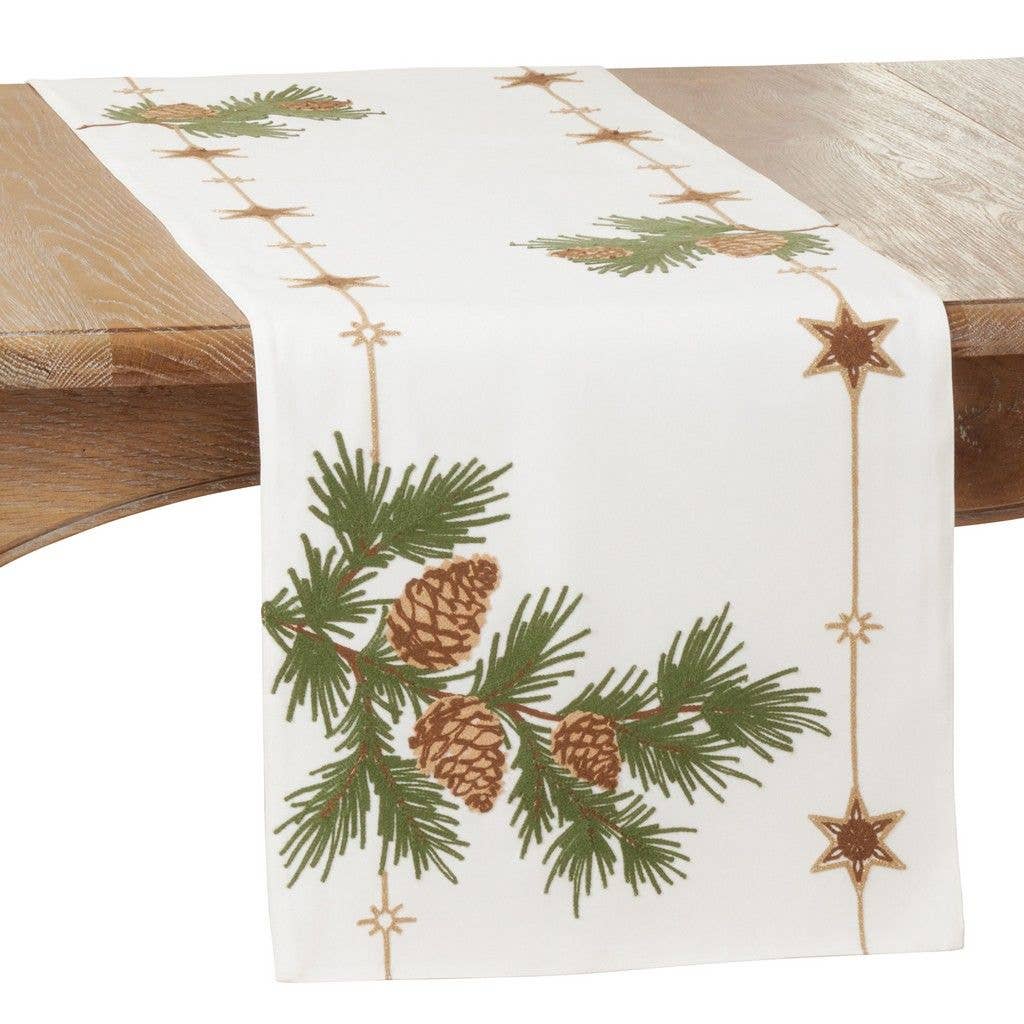 3200 - White Embroidered Pinecone 16x70 Table Runner