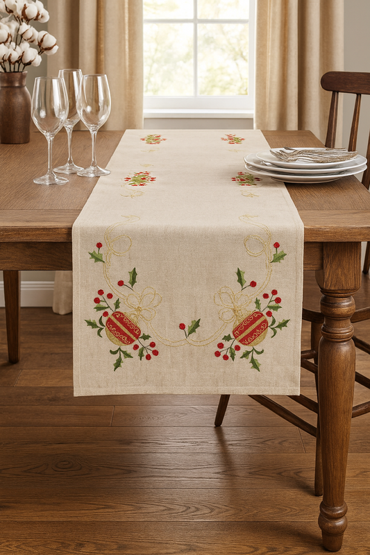 007 - Embroidered Ornament Holiday Linen-Poly Table Runner