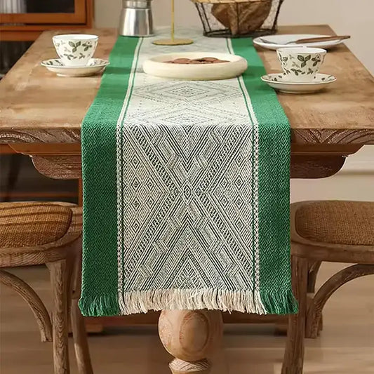RNR0020 - Emerald Diamond Weave Fringed Cotton Blend Table Runner
