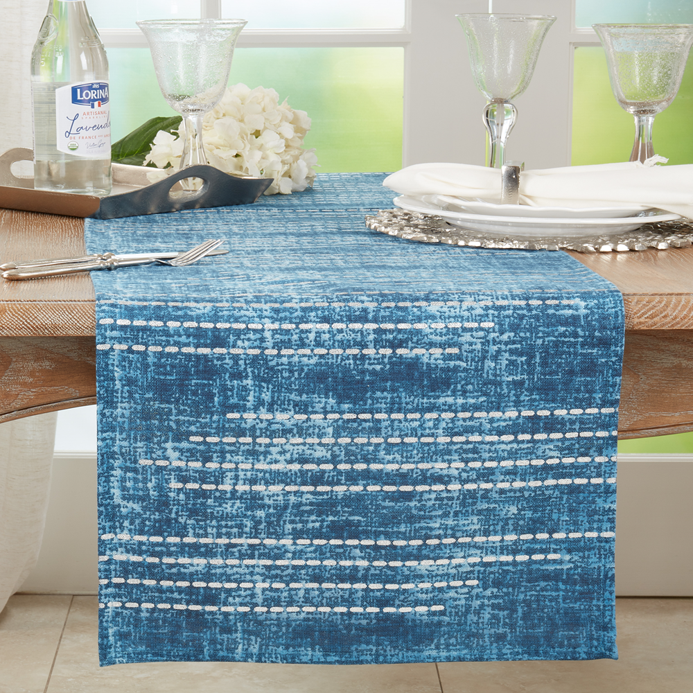 2009 - Silver Foil Dash Line Blue Cotton Table Runner