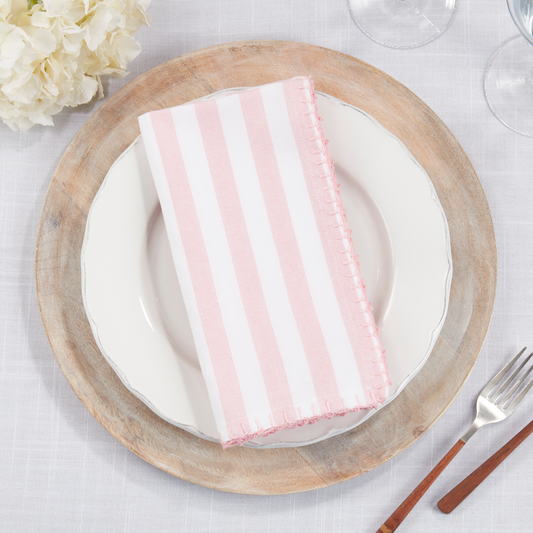 7041 - White & Pink Striped Whipstitch Cotton 20" Cloth Napkin