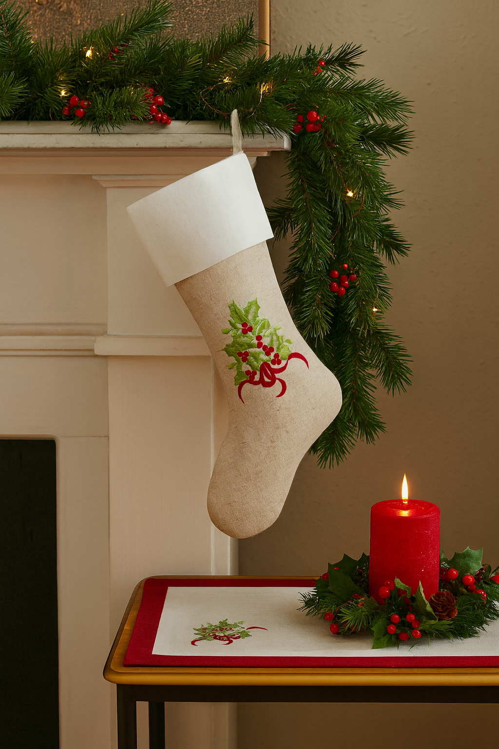 TBL0002 - White & Natural Embroidered Holly Christmas Stocking