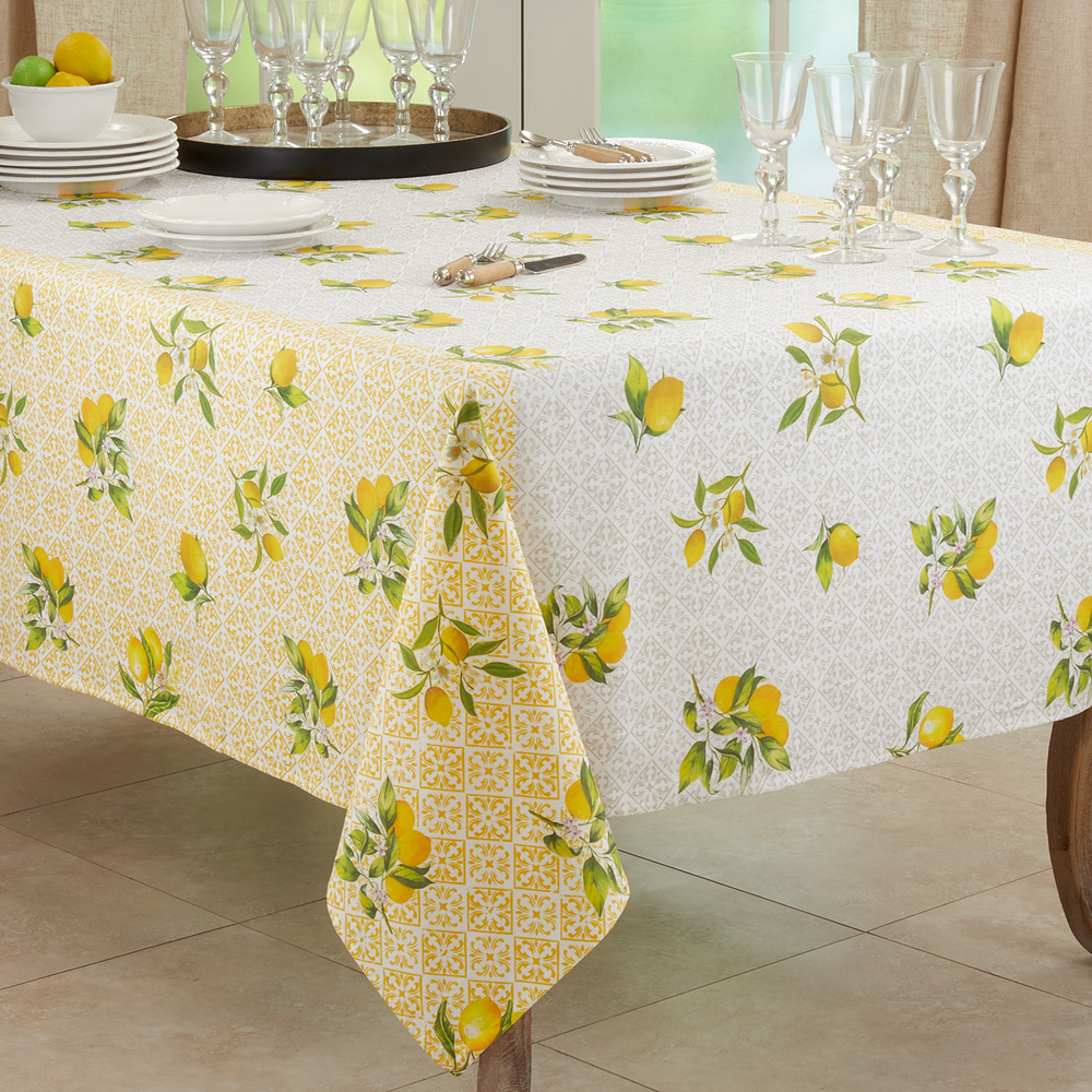2420 - Yellow Lemon Block Print Natural 70" Square Tablecloth
