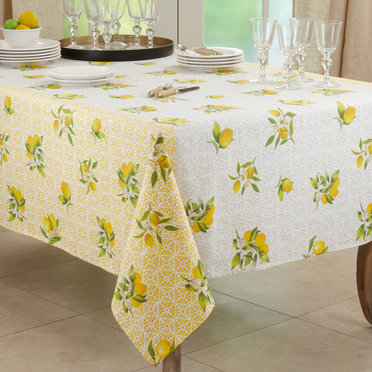 2420 - Yellow Lemon Block Print Natural 70" Square Tablecloth
