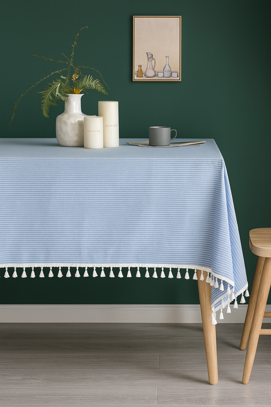 TBL0044 - Blue and White Pinstripe Cotton Blend Tablecloth with Fringe