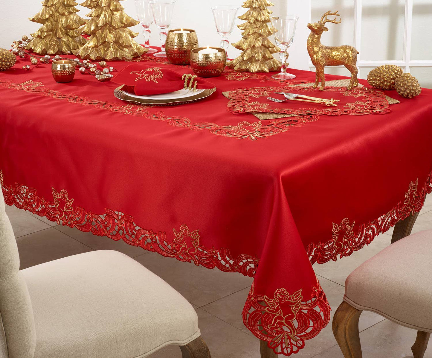 412 - Red Embroidered Cupid Tablecloth