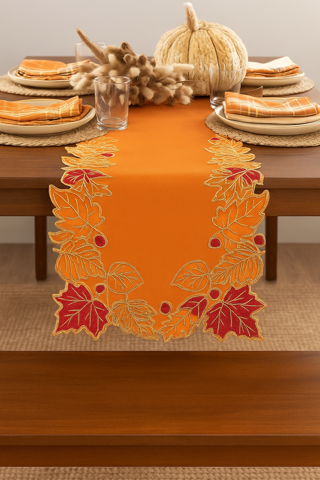 TBL0054 - Terracotta Embroidered  Sequined Leaf Table Runner
