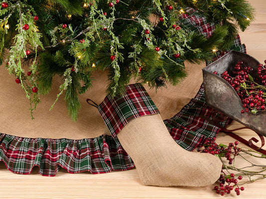 1216 - Classic Plaid Ruffle Trim Jute 56" Tree Skirt, Stocking
