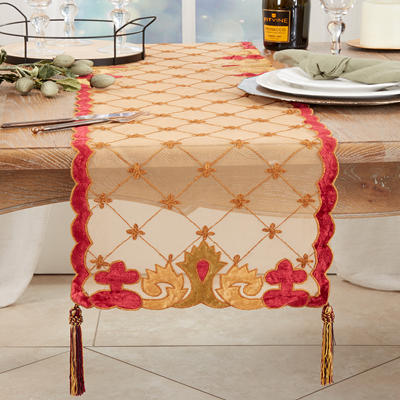 23627 - Embroidered Velvet  13"x72" Table Runner with Tassels