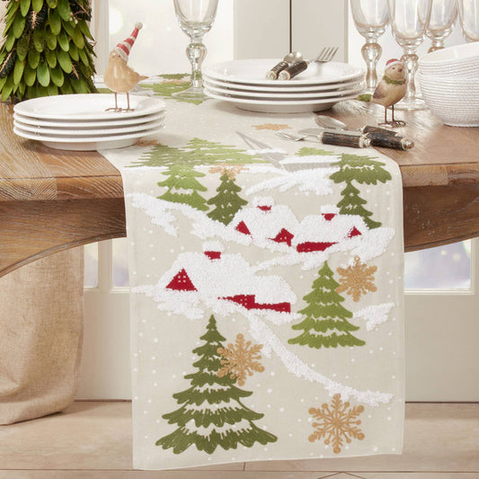 1706 - Embroidered Christmas Mountain Natural 16x72 Table Runner