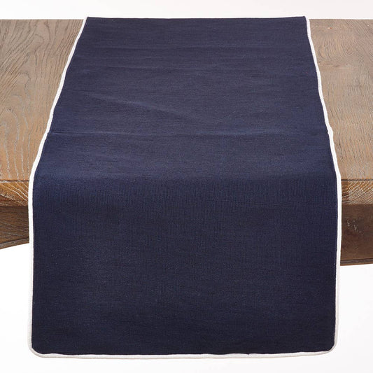 808 - Classic Navy White Piping Design Cotton 16"X72" Table Runner