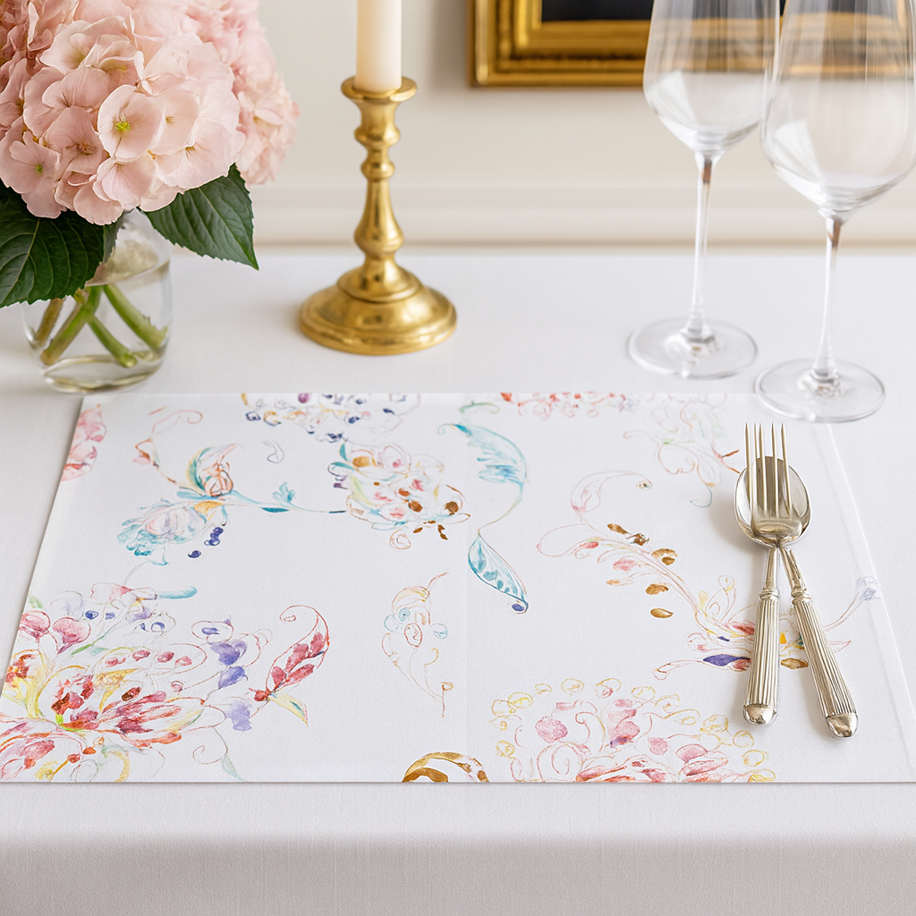 13010 - White Floral Pure Linen 14"X20" Placemat
