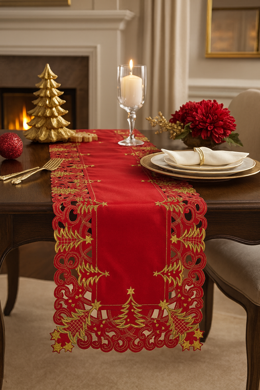 QX227 - Red Embroidered Christmas Tree Table Runner
