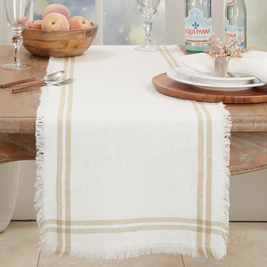 6605 - Natural Stripe Fringe Cotton 13"x72" Table Runner