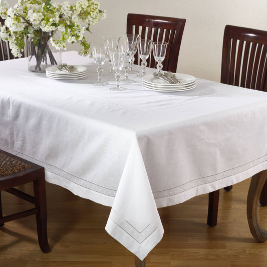8648 - Embroidered Swiss Dot Hemstitch Linen Blend Tablecloth
