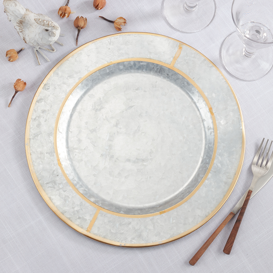 CH375 - Gold Rim Galvanized 13" Round Metal Charger Plate (Cop