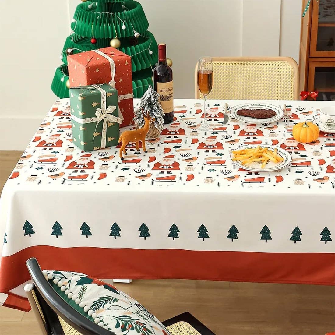 TBL0071 - Red Multi Poinsettia & Lights Christmas Design Tablecloth