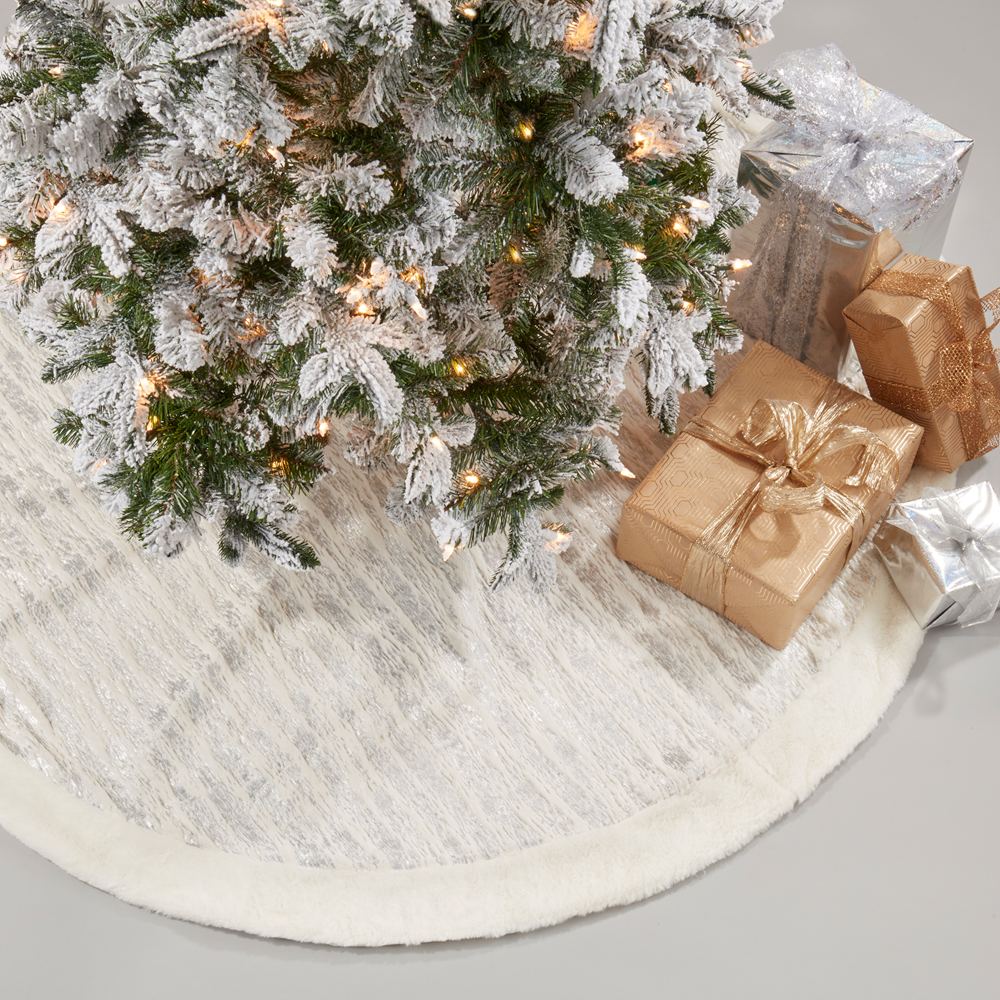 TBL0037 - Silver Brushed Foil Print Faux Fur Christmas Tree Skirt