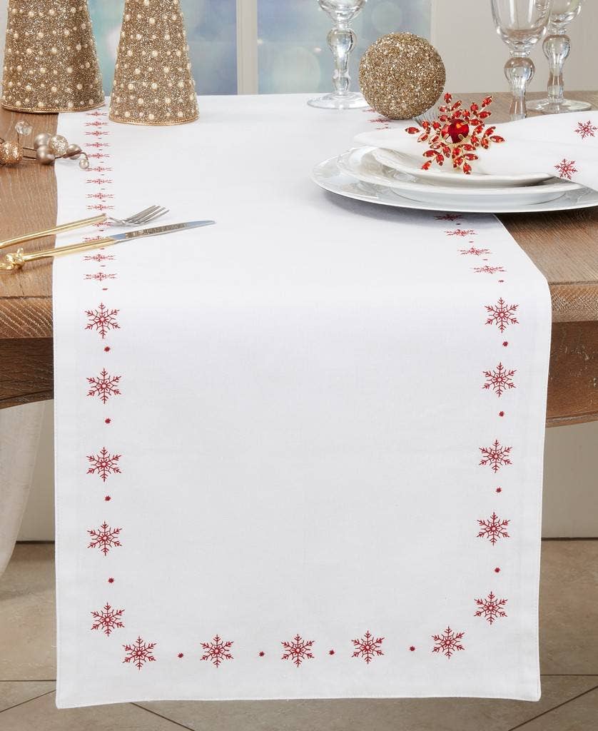 1252 - White Embroidered Snowflake 16"X72" Cotton Table Runner