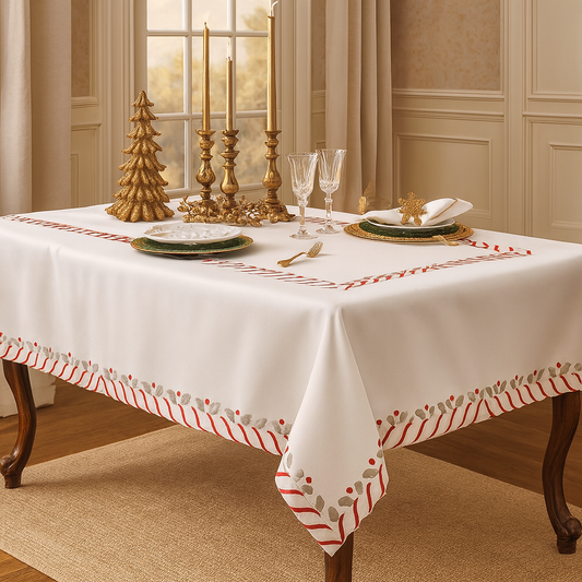 1633 - Ivory Holiday Candy Cane Tablecloth