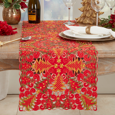 QX296 - Christmas Tree Cutwork Red Table Runner