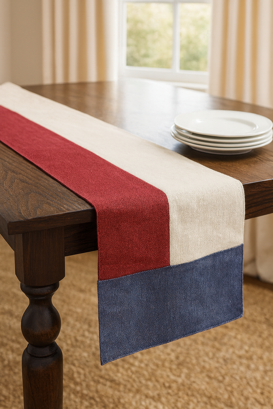 513 - Color Block July 4th Festive Jute Table Runner - 16"x72"