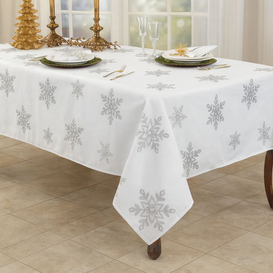 70197 - Embroidered Silver Snowflake White 60" Square Tablecloth