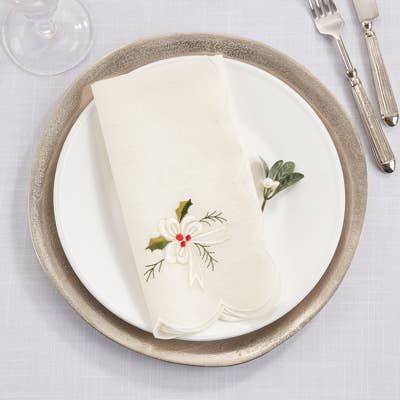 4322 - White Embroidered Holly Ribbon 20" Cloth Napkin