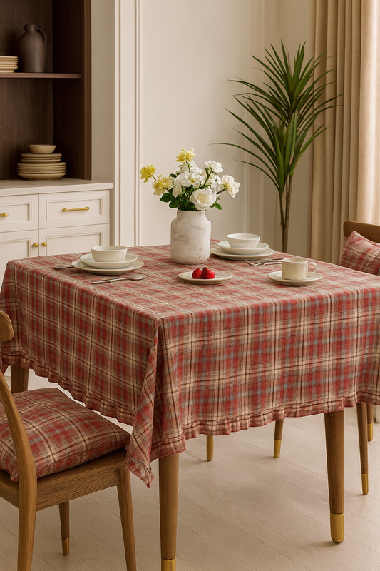 TBL0055 - Burgundy Plaid Ruffled Border Cotton Woven Tablecloth