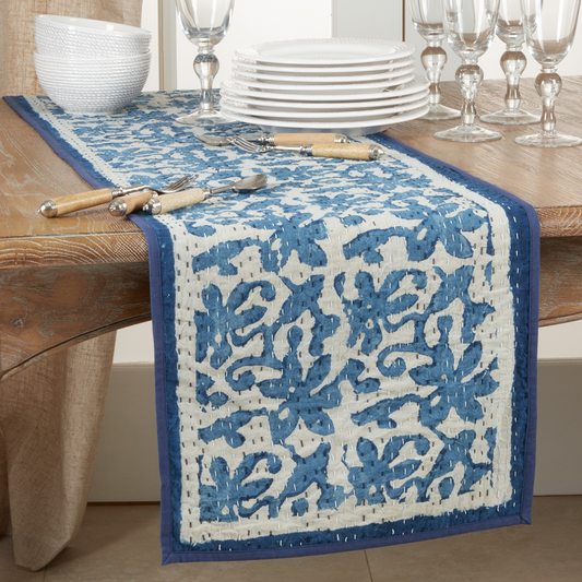 3219 - Blue Block Print Floral Kantha Stitch Cotton Table Runner