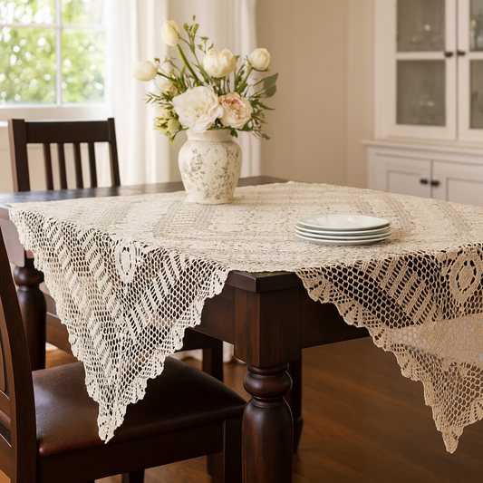 869 - Ecru Hand Crochet 36" Square Cotton Tablecloth