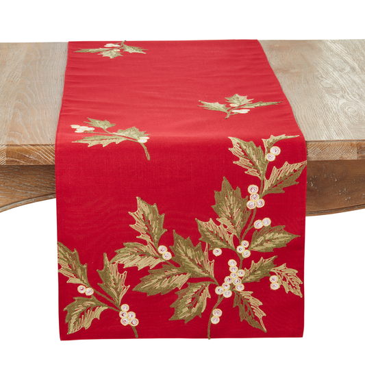 640 - Red Embroidered Holly Leaves Table Runner