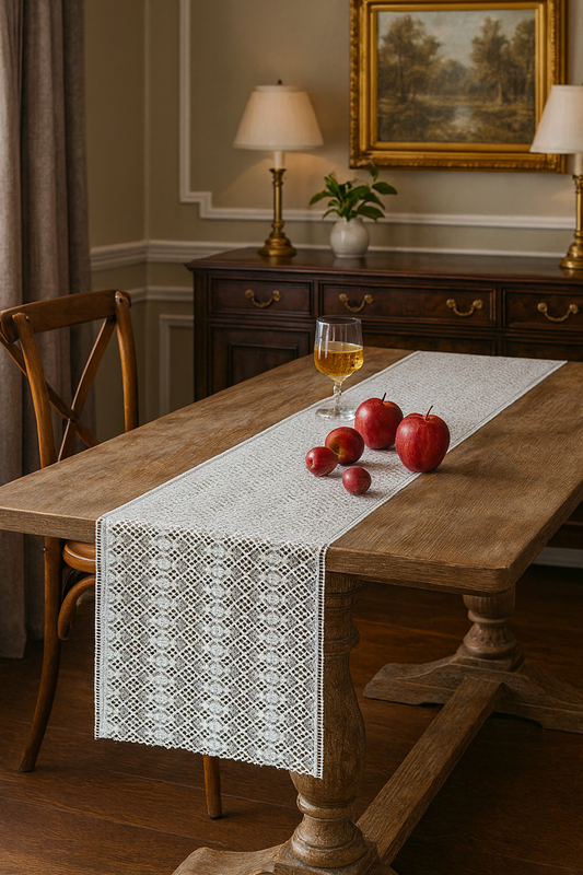 RNR0014 - Embroidered Floral Hollow Lace 14"x71" White Table Runner