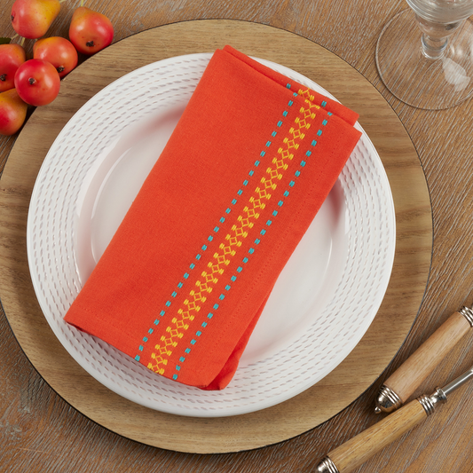2622 - Tomato Orange Dobby Border Cotton 18" Cloth Napkin