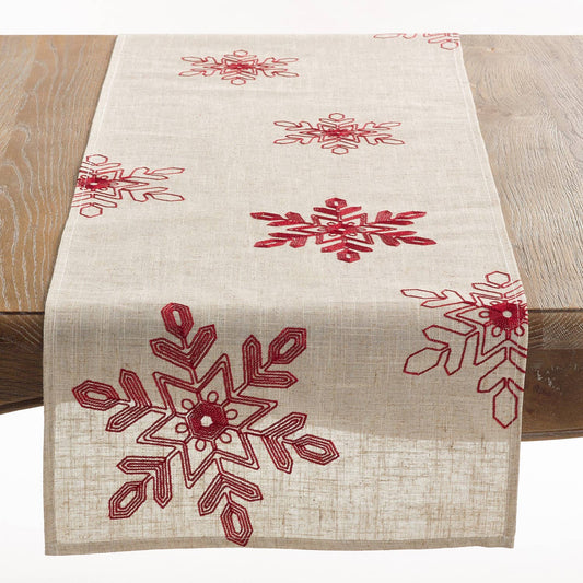 70197 - Red Embroidered Snowflake Natural Table Runner