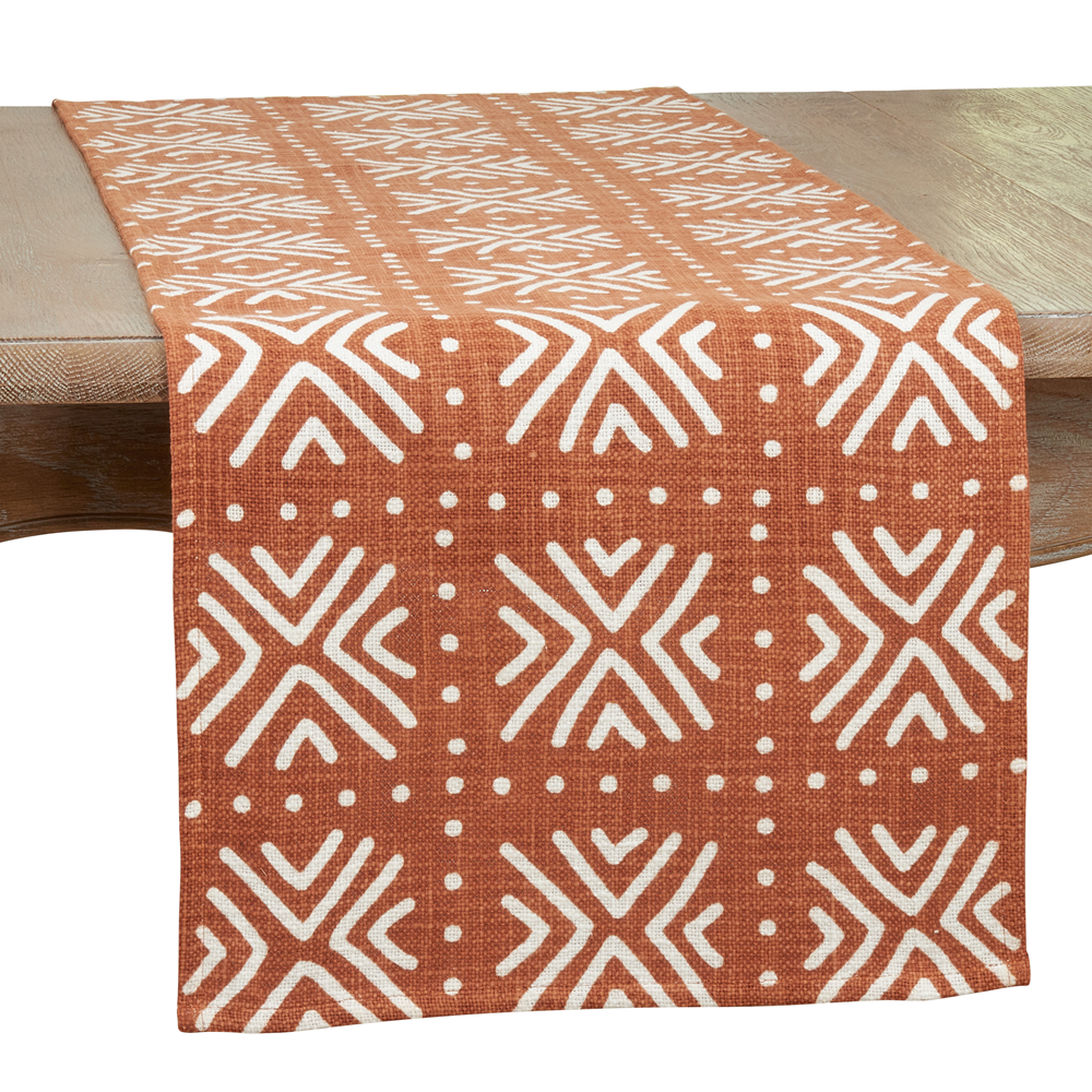 1512 - Terracotta nd White Mudcloth Cotton 16"x72" Table Runner