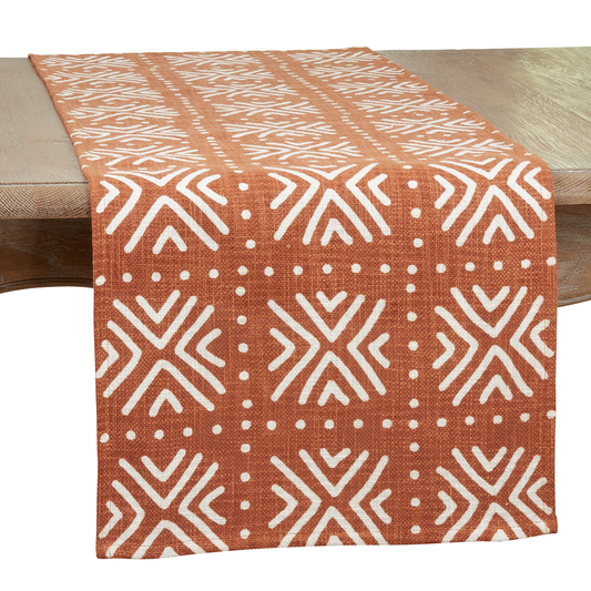 1512 - Terracotta nd White Mudcloth Cotton 16"x72" Table Runner
