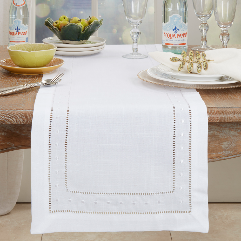 6648 - Embroidered & Hemstitched Swiss Dots White Table Runner