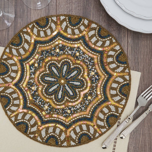 4517 - Gold Hand Beaded Floral 14" Placemat