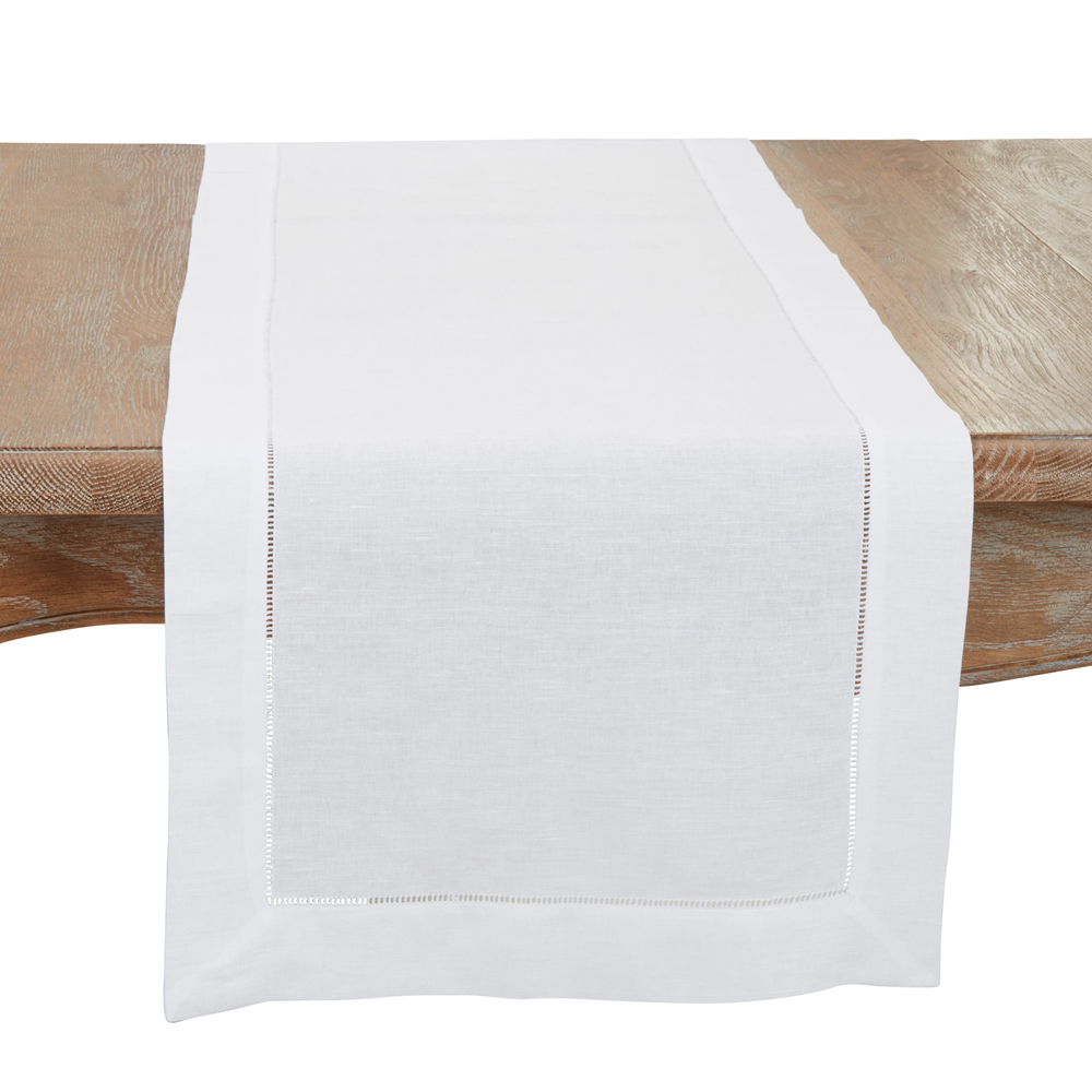 6100 - White Hemstitched Linen-Cotton Table Runner – 16" x 54"