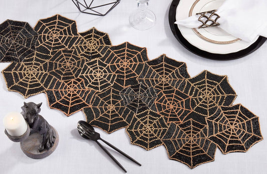 2026 - Dark Gold Beaded Spiderweb 12x36 Black Table Runner