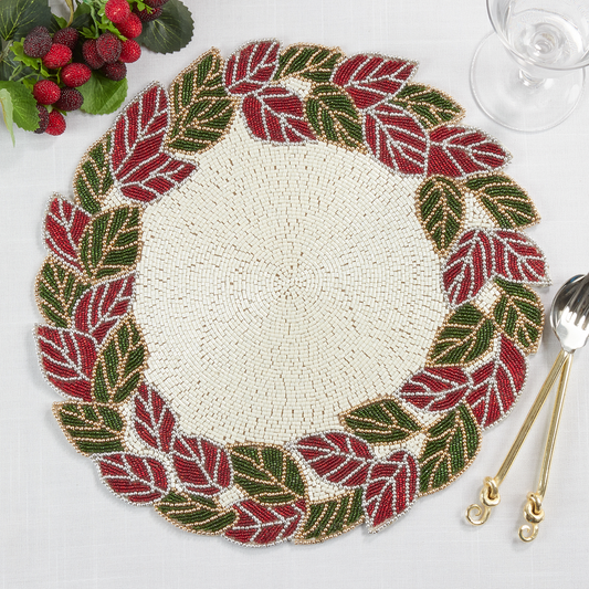 2706 - Red and Green Beaded Leaves Ivory 15" Placemat