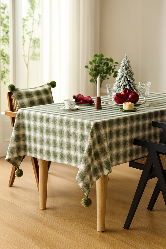 TBL0081 - Green-cream Plaid Cotton Holiday Tablecloth with Pom-Poms
