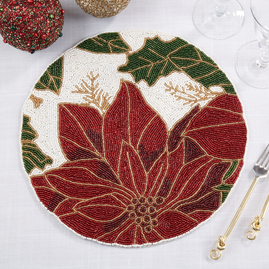 1584 - Hand Beaded Poinsettia 14" Placemat