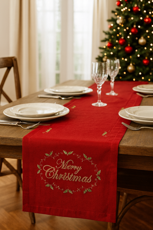 0141 - Red Embroidered Merry Christmas Table Runner