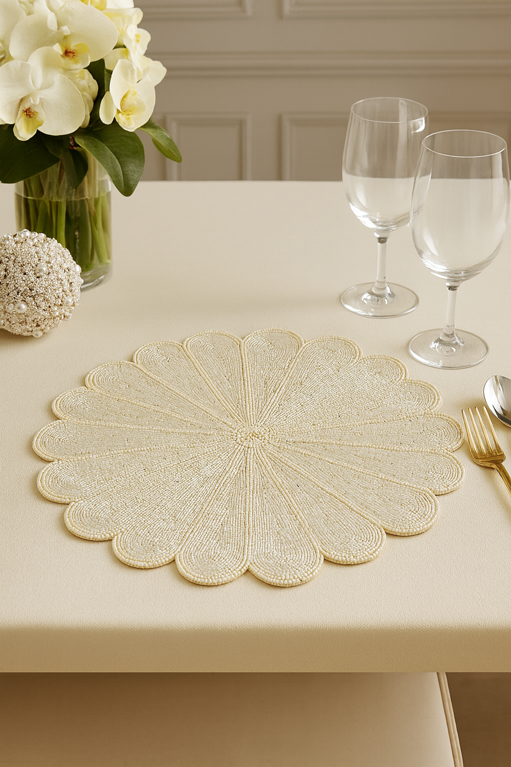 201 - Ivory Beaded Flower 15" Round Placemat