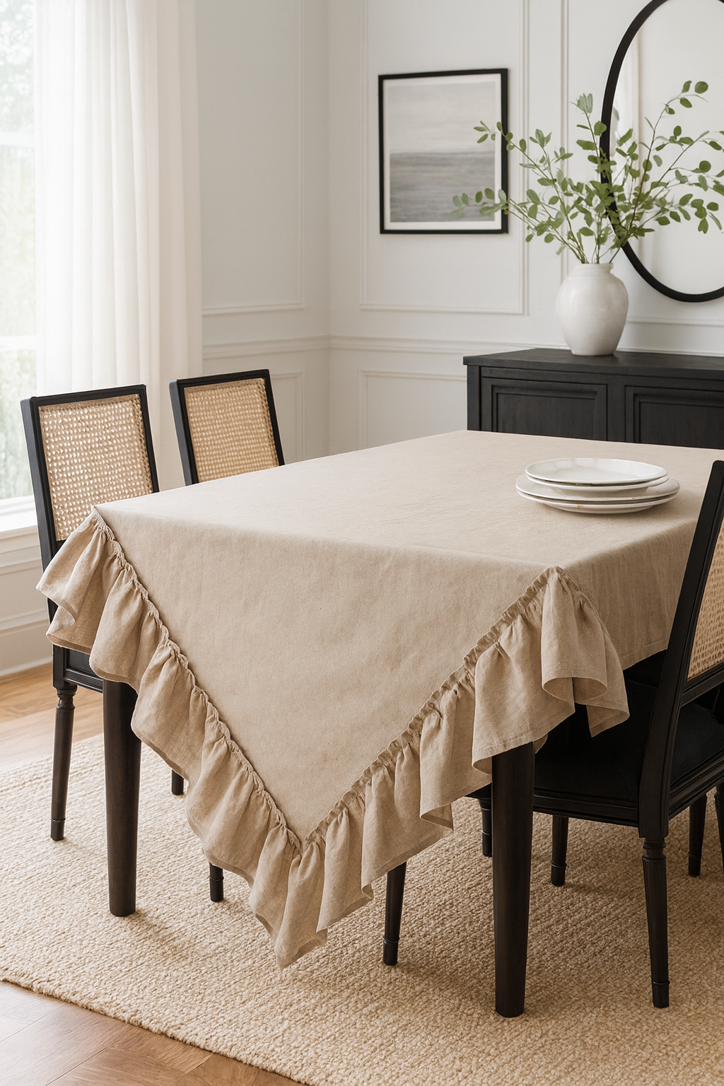 82013 - Khaki Margaux Ruffled Trim Pure Linen 84" Square Tablecloth